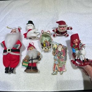 6 Vintage Christmas Ornaments Lot, Kitschy Kitschmas Santa’s and Wooden Figures